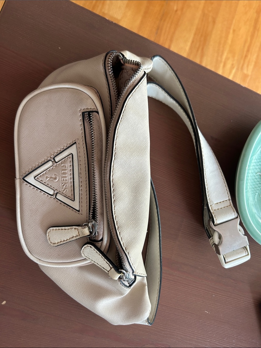 Guess Taupe Leather Belt Bag with Logo Triangle